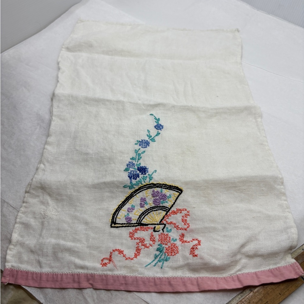 Embroidered Floral Linen Towel with Pink Trim